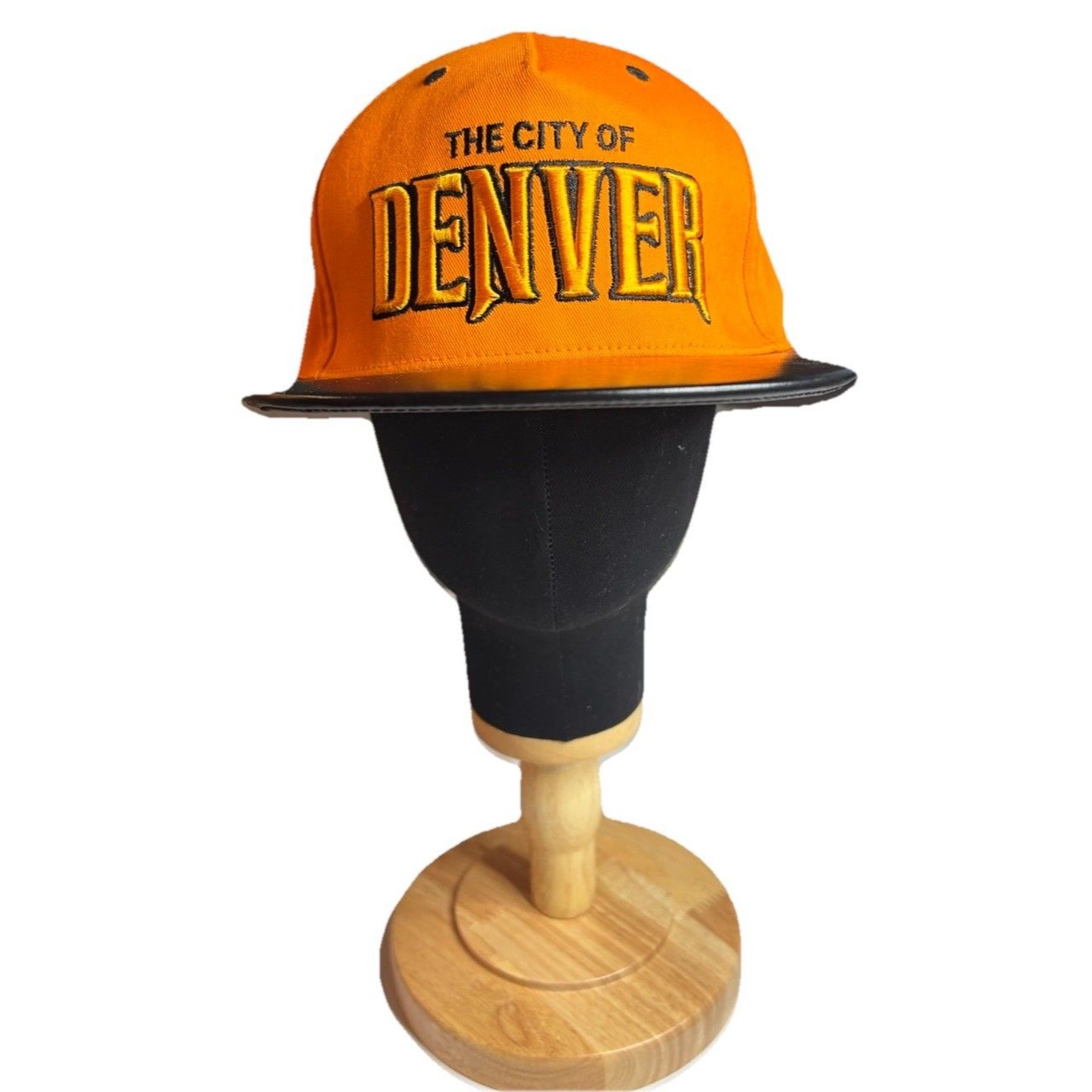 The City Of Denver Hat Men’s Orange & Black Faux Leather Embroidered Snapback